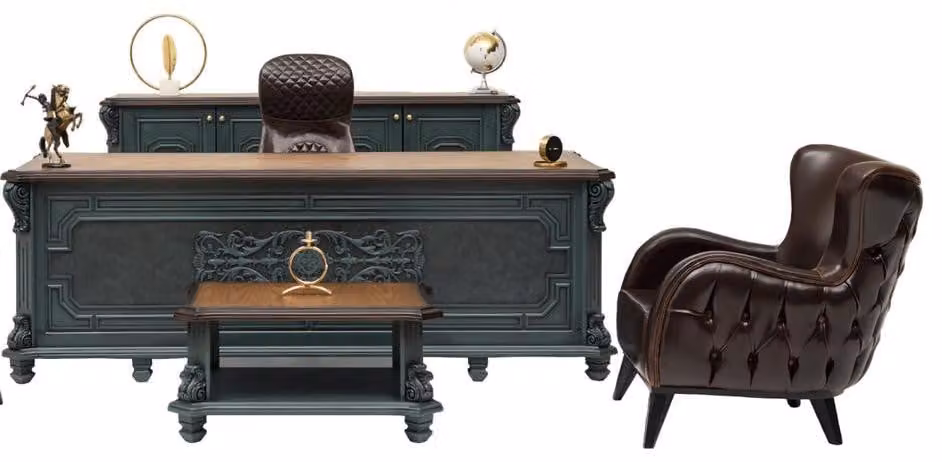 Arbeitszimmer Designer 4tlg. Büro Set Sessel Bürogarnitur Arbeitstisch Kommode