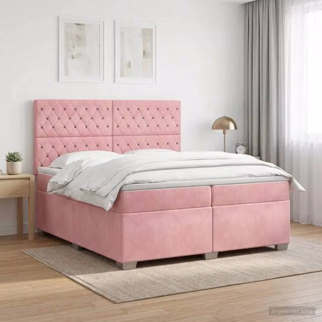 Letto box spring con materasso ibrido vidaXL in velluto rosa con illuminazione sottostante e porta USB L/P/H: 200 x 200 x 140,5 cm