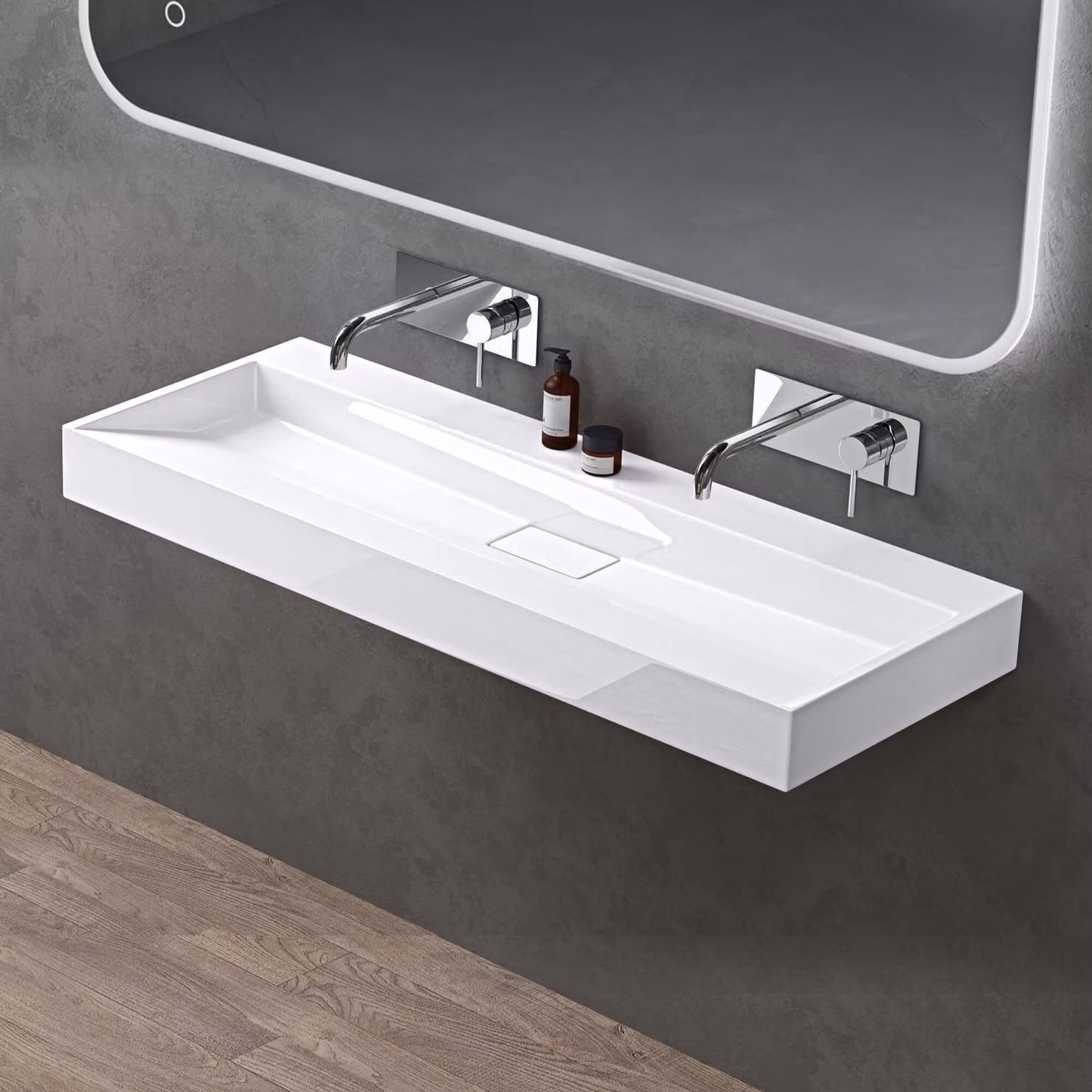 doporro Lavabo da Appoggio Bagno Sospeso Lavandino Rettangolare in Marmoresina con Piletta di Scarico Inclusa Colossum19, 120x46x11 cm Bianco Lucido Senza Foro per Rubinetto