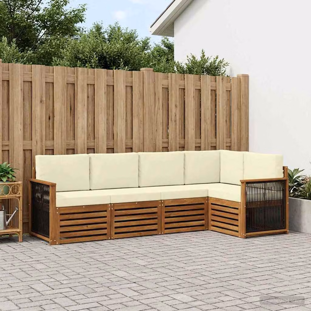 Set di divani da esterno vidaXL in legno di acacia con cuscini beige e bianco, composizione a L con elemento angolare e divano a 3 posti, ideale per giardino e terrazza