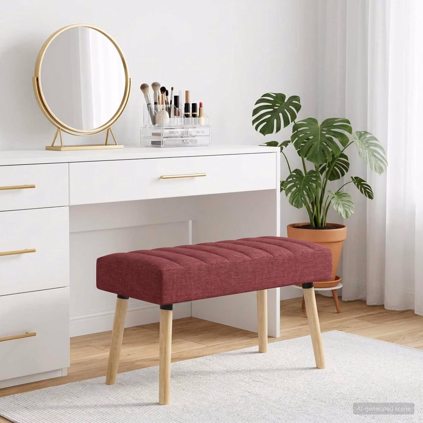 Panchina trapuntata a canale vidaXL in tessuto rosso vino con struttura in legno di gomma L/P/H: 80 x 40 x 46 cm