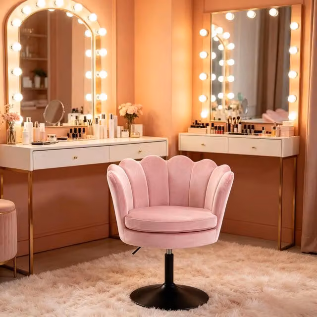Sgabello da trucco girevole a 360 gradi in velluto con schienale e braccioli regolabile rosa base in metallo