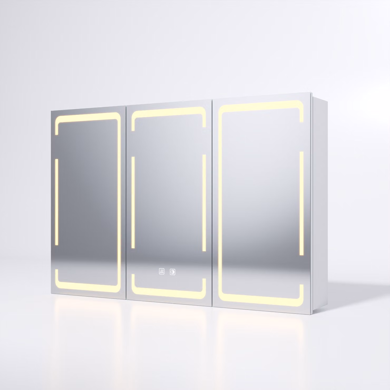 Armadio a specchio a tre ante SONNI in metallo, 900x600x140 mm, con illuminazione LED regolabile a 3 colori, doppi interruttori a sfioramento, divisori in vetro regolabili