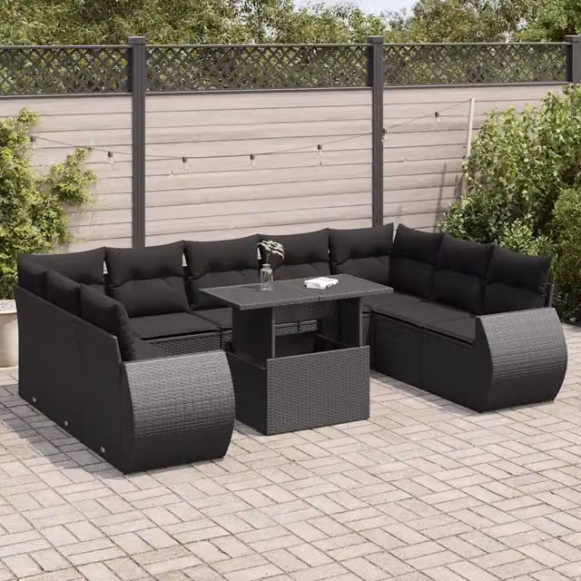 Set di divani da giardino vidaXL in polyrattan nero con cuscini e tavolino da esterno – 1