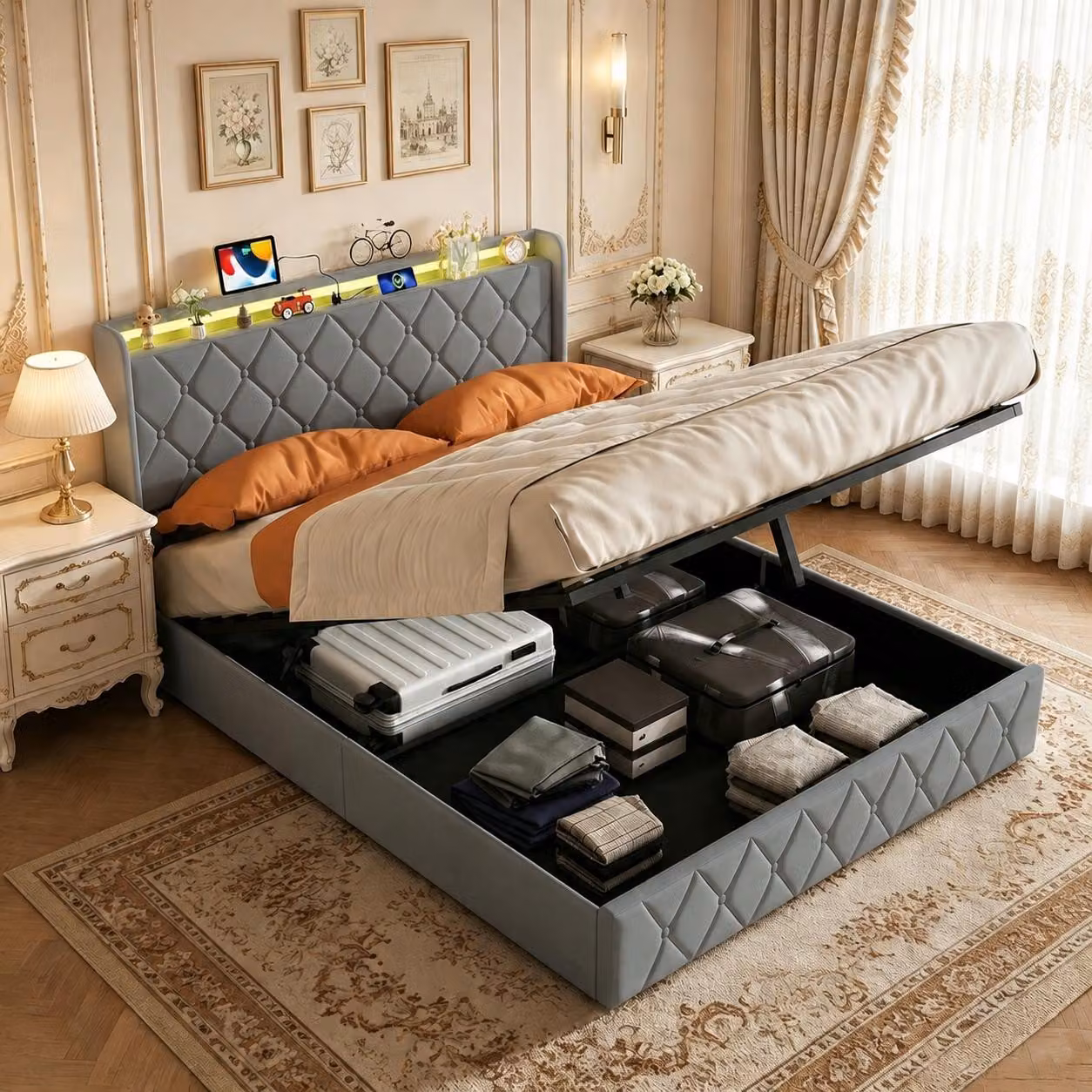 Letto matrimoniale con boxspring INONEFT, 160x200 cm, imbottito con LED e USB, letto con sistema di sollevamento idraulico e contenitore, adatto anche per ragazzi, rivestito in velluto, colore grigio scuro