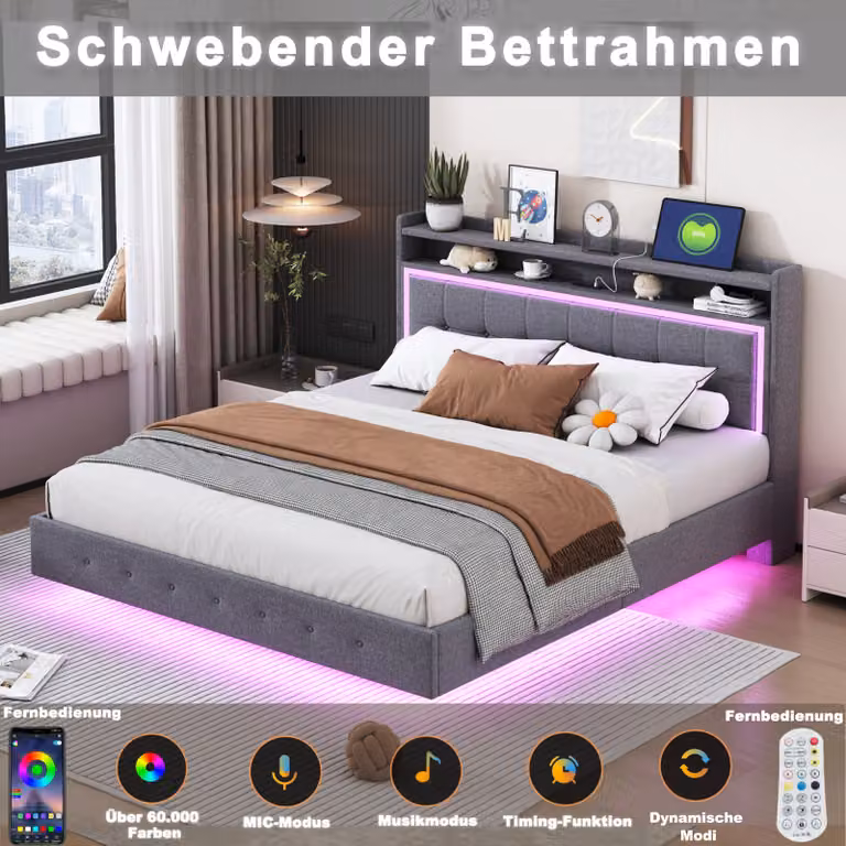 okwish Letto imbottito 160x200 cm con porta USB e illuminazione LED, letto matrimoniale funzionale con testiera contenitore (senza materasso) - beige
