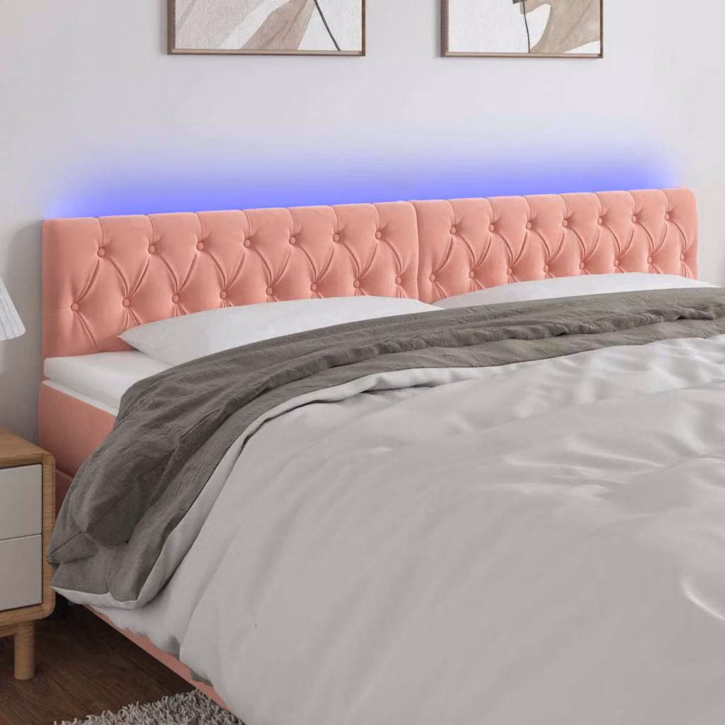 Testiera per letto vidaXL in velluto rosa con illuminazione LED e porta di ricarica USB, L: 200 cm, P: 7 cm, H: 78-88 cm