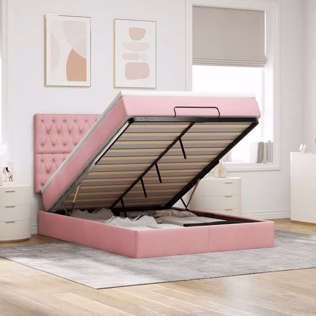 vidaXL Struttura Letto con Contenitore e Materasso in Velluto Rosa e Bianco, L/P/H: 190 x 140 x 128 cm