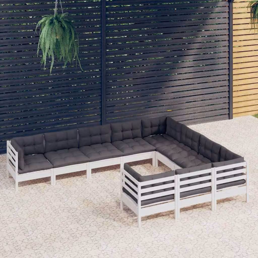 Set di divani da giardino vidaXL a forma di U composto da 10 pezzi in legno di pino trattato con cuscini bianchi, antracite o grigi