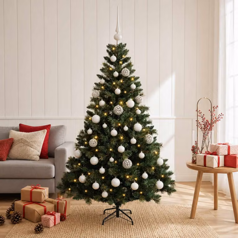 Albero di Natale artificiale verde vidaXL con 150 LED luce bianca calda e decorazioni con palline, stile moderno in PVC e metallo, Altezza: 150 cm