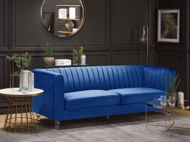 Divano Beliani a 3 posti in velluto blu per soggiorno moderno L: 204 cm, P: 78 cm, H: 75 cm – 1