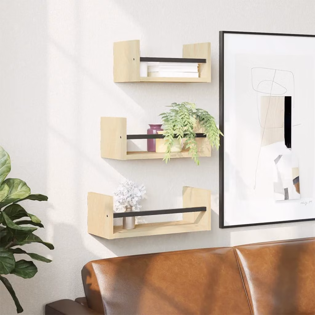 Set di 3 mensole da parete vidaXL in rovere Sonoma e metallo, colore marrone, L: 40 cm, P: 16 cm, H: 30 cm