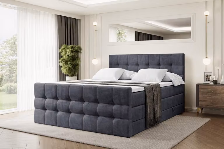 Letto boxspring ALTDECOR con materasso e rete a doghe - BERO -Z KING - 120x200 cm - Velluto grigio scuro - Topper, pediera, letto imbottito con contenitore, letto con contenitore H3 e H4 - Materasso, letto matrimoniale, letto boxspring