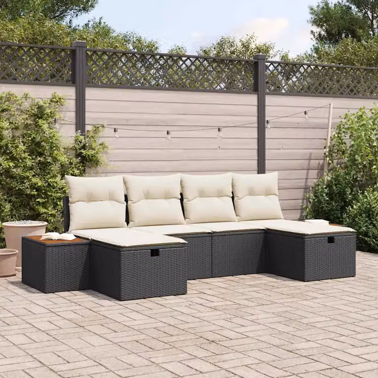 Set Divano da Giardino vidaXL 6 pz L-Shape Nero con Cuscini e Struttura in Metallo e Polyrattan