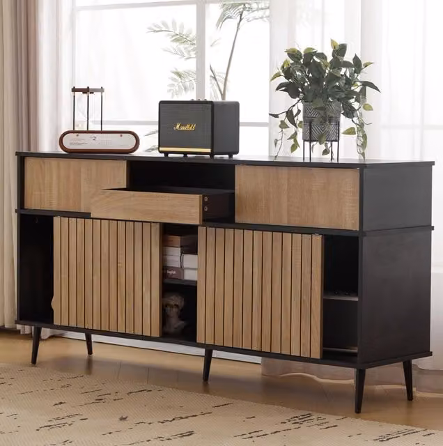 Cassettiera con 4 ante scorrevoli, 1 cassetto, finitura rovere e nero, 160x40x80 cm