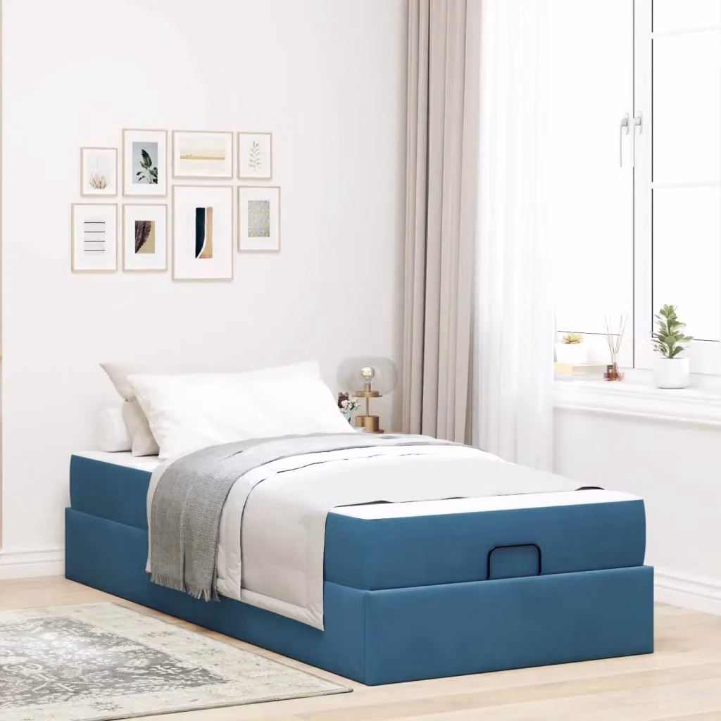 Letto singolo moderno DESIGN IN in velluto blu con struttura imbottita e materasso, L/P/H: 203 x 90 x 43.5 cm – 2