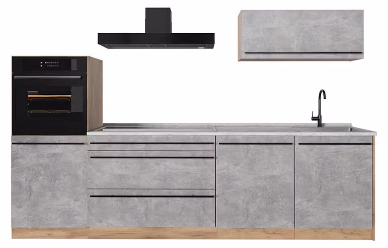 Cucina componibile Vicco R-Line Calcestruzzo/Rovere dorato 280 cm piano di lavoro Marmo, Model 67255