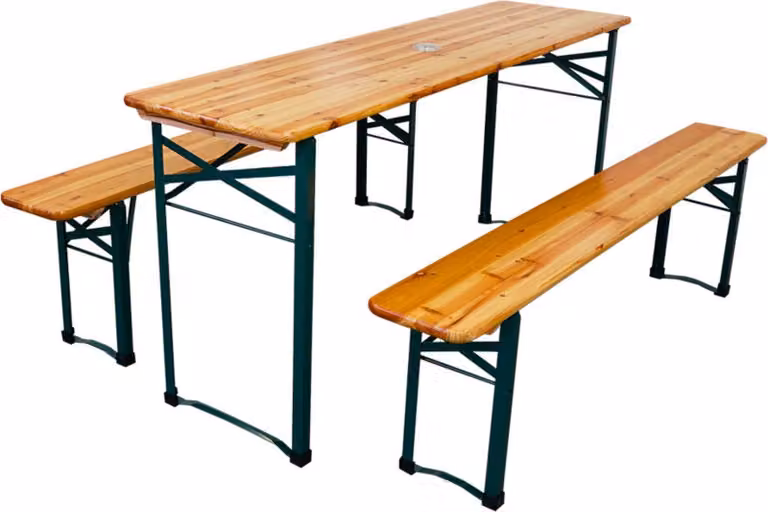 Set di tenda da birra pieghevole in 3 pezzi | 1x tavolo con portaombrelli, 2x panca da birra | HxLxP 76x170x46 cm | legno laccato | incl. 12x protezioni in plastica per il pavimento | set da tavolo per birra, set da tendone, set di mobili da giardino