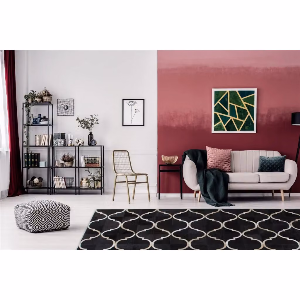 Tappeto Eclipse in pelle fatto a mano KENDRA HOME, design geometrico orientale, nero e beige, L: 150 cm, P: 80 cm – 2