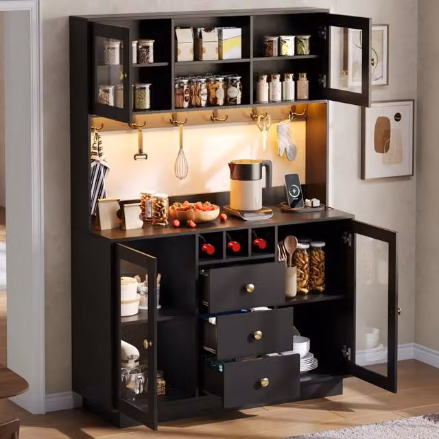 Credenza alta da cucina con LED RGB e prese; 120x40x170 cm; nera in MDF