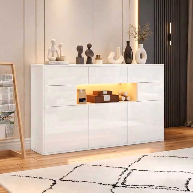 Credenza Soggiorno Bianca Mobile 140 cm con Luci LED Cassetti e Ante