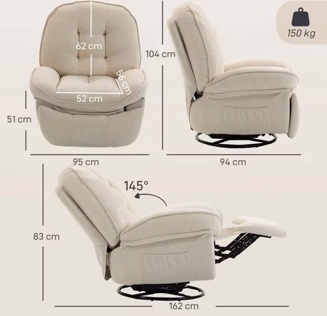 Poltrona Relax REDOM girevole a 360 gradi con funzione dondolo e reclinabile, rivestimento in tessuto beige per soggiorno