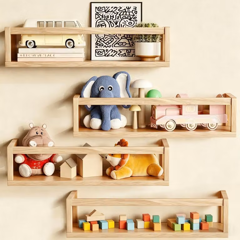 Set di 4 mensole da parete in legno, lunghezza 41 cm, ideali per camerette per bambini, stanze per neonati o soggiorni, perfette per decorazioni