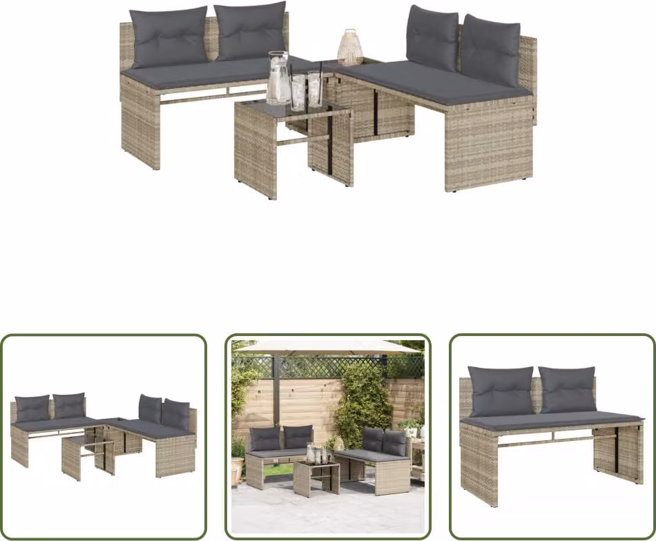 The Living Store Set di divani da giardino 4 pezzi con cuscini in rattan grigio chiaro