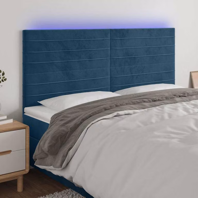 Testiera per letto vidaXL in velluto blu con illuminazione LED integrata e porta di ricarica USB, L: 200 cm, P: 5 cm, H: 118/128 cm
