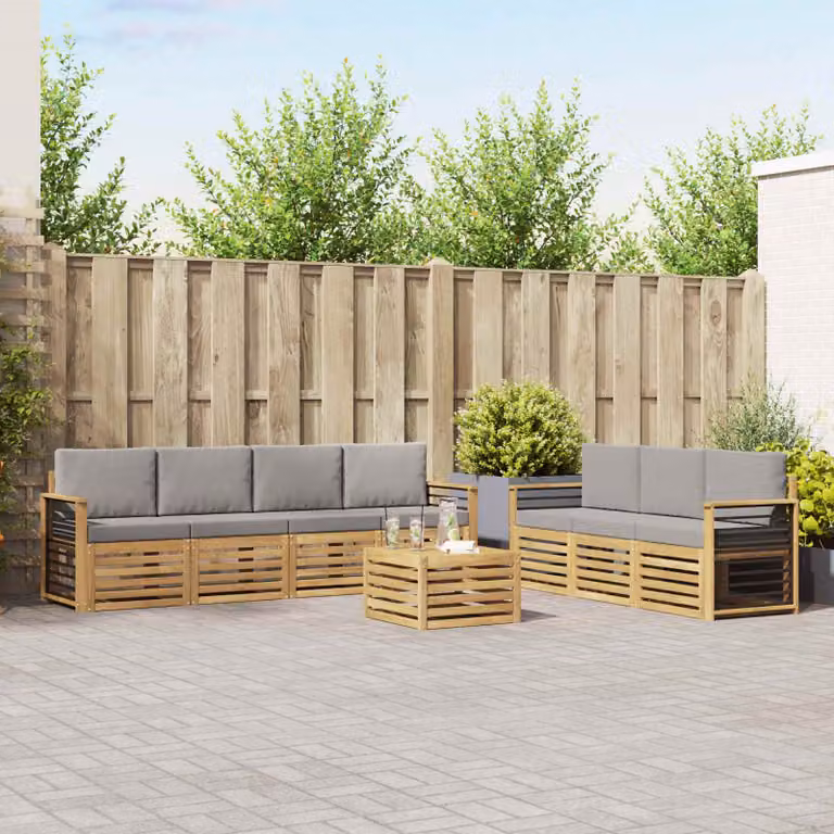 Set di divani da giardino vidaXL a forma di L in legno di acacia con cuscini grigi per 8 persone