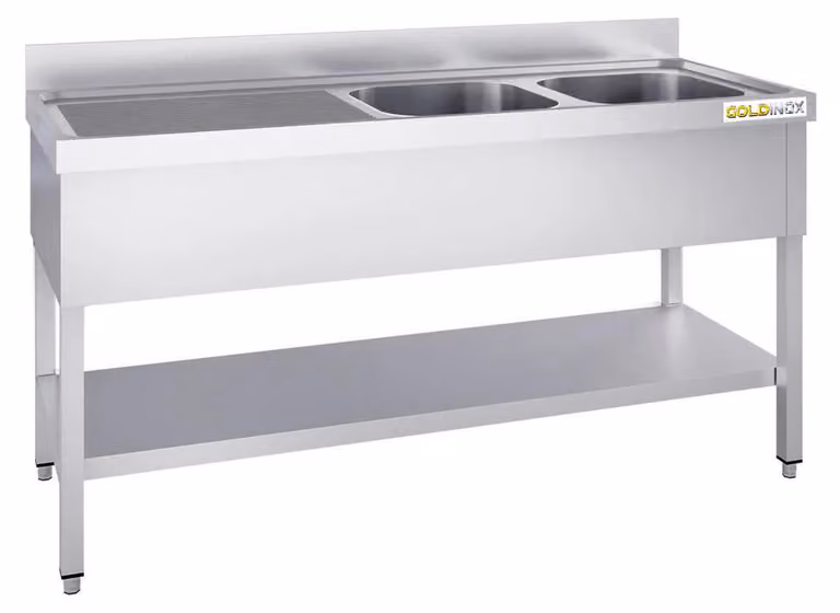 Lavello in acciaio inossidabile, dimensioni 1600x600 mm, con 2 vasche a destra e scolapiatti a sinistra, modello PREMIUM - GOLDINOX