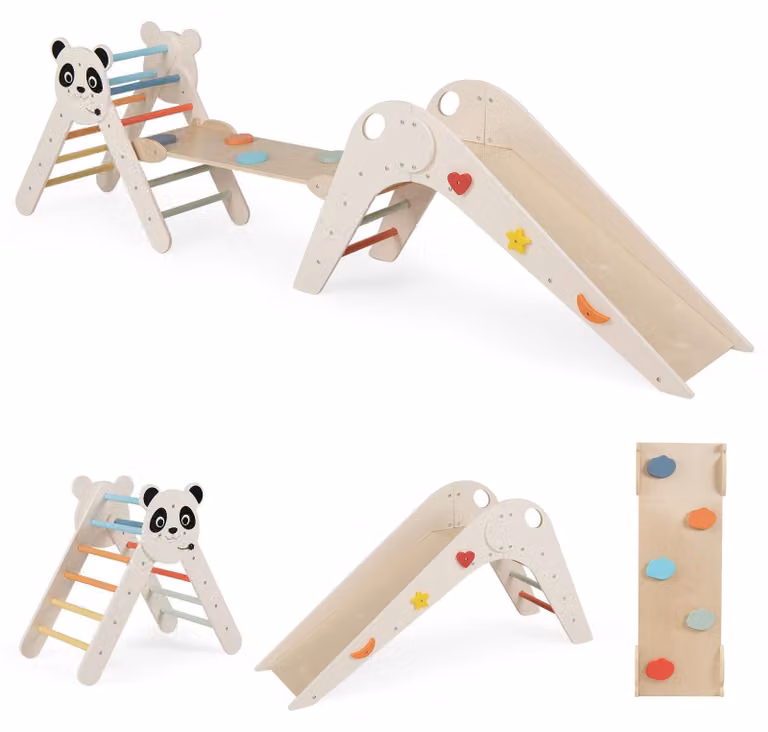 Set triangolo da arrampicata COSTWAY, set da arrampicata Montessori pieghevole in legno con motivo panda, scivolo, rampa, scala da arrampicata e blocchi con personaggi dei cartoni animati, per bambini dai 3 anni in su