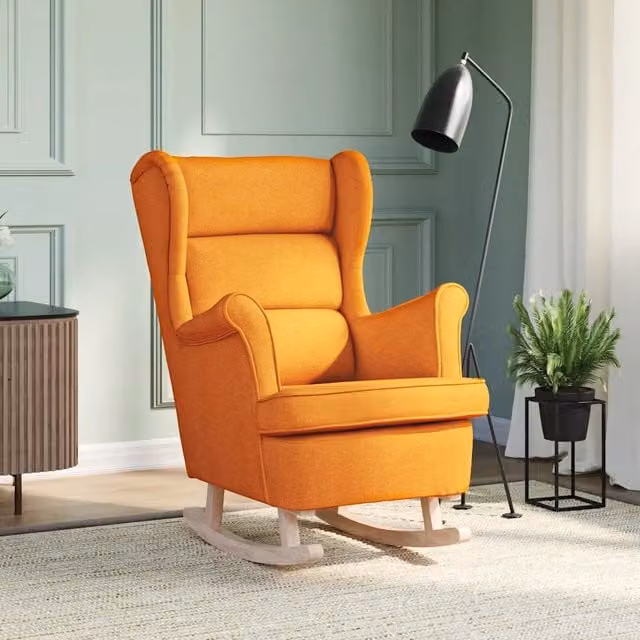 Sedia a dondolo vidaXL in tessuto giallo e arancione con struttura in legno di gomma L: 74 cm, P: 90 cm, H: 102 cm – 1
