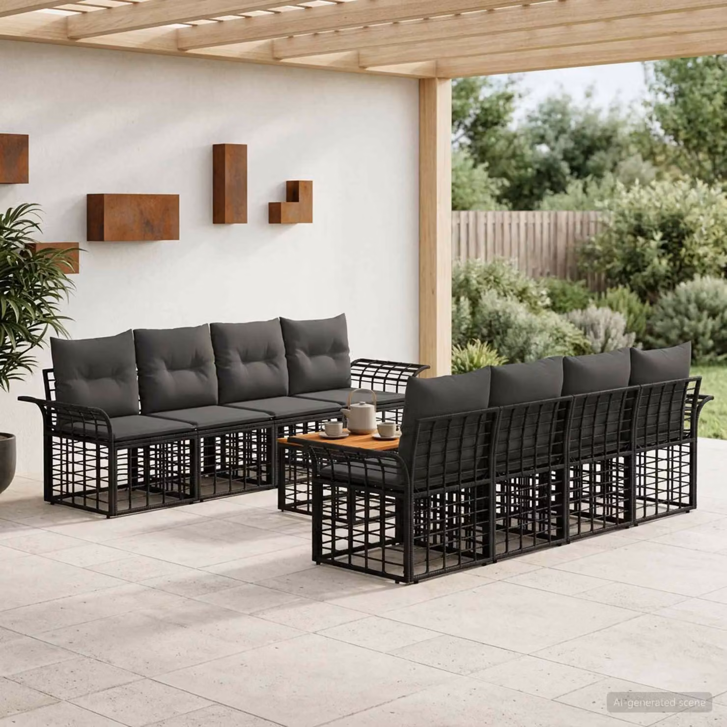 Set di divani da esterno vidaXL in polyrattan 9 pezzi con tavolino e cuscini, design moderno a forma di U, colore nero e grigio scuro