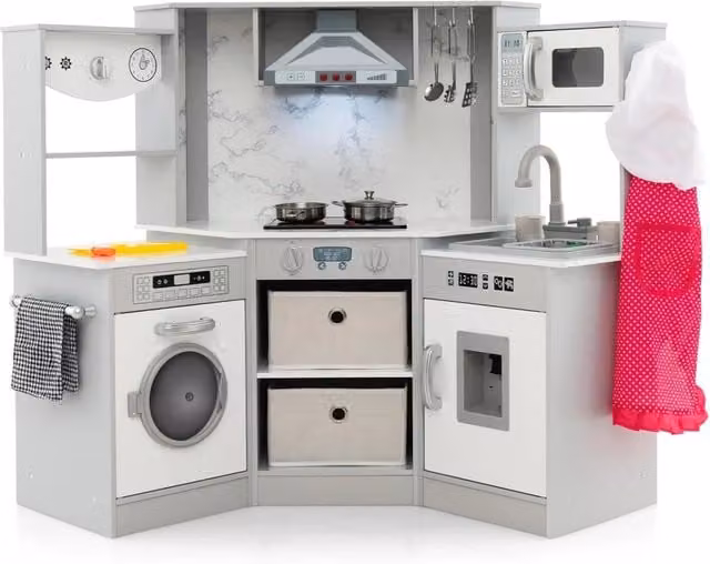 Set di Cucina Giocattolo Costway per Bambini con Luci e Suoni, Cappa Aspirante, Fornelli, Microonde, Distributore d'acqua e Lavatrice, Grigio