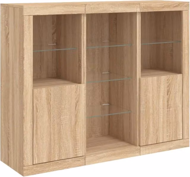 Set di 3 mobili contenitori moderni in legno e vetro con luci LED per cucina e soggiorno, colore marrone Sonoma