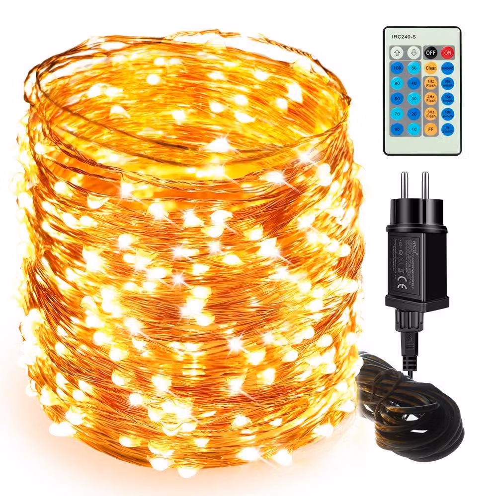 Catena luminosa a LED, 50 metri, 500 LED, filo di rame, dimmerabile, luce bianco caldo
