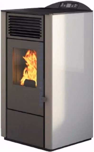 Stufa a pellet Eva Calor Lory da 9 kW bianca con scarico posteriore e telecomando