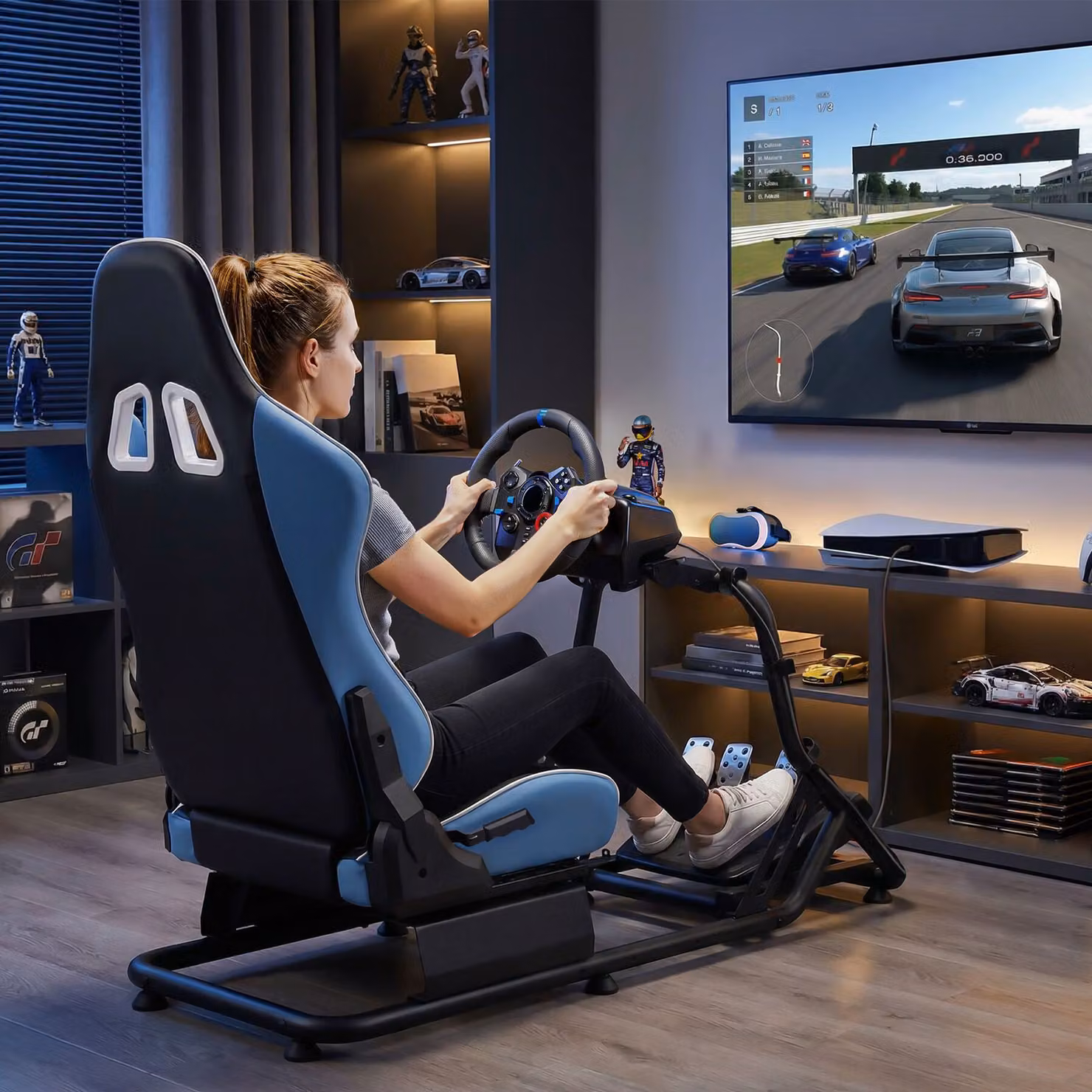 Sedia da gioco Tectake Play con sedile da corsa, nero e azzurro, con poggiatesta e braccioli – 2