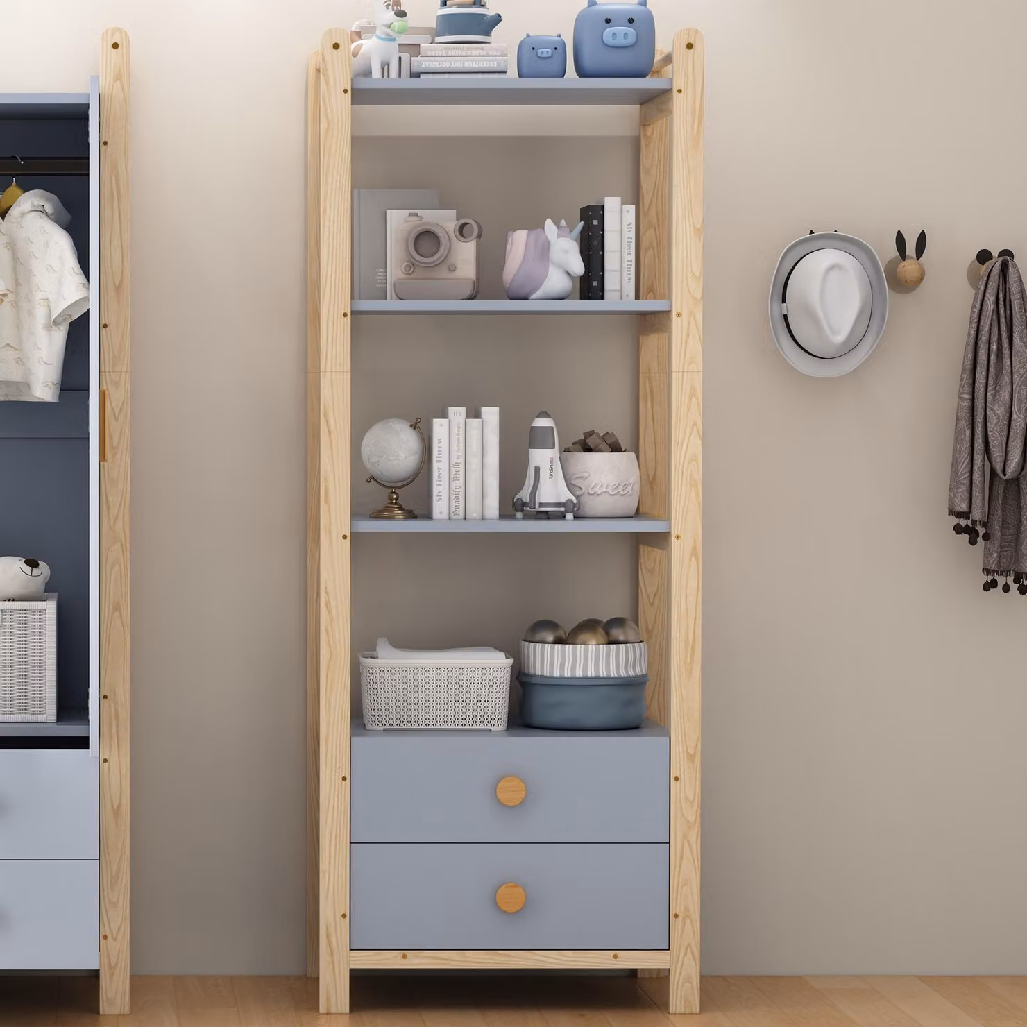 Flieks scaffale in piedi libreria angolare con 2 cassetti, scaffale da bagno scaffale di stoccaggio 4 livelli, scaffale stretto in legno, 70x44x180,5 cm, finitura blu naturale