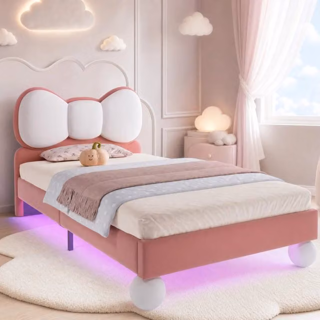 Letto singolo Mivray rivestito in velluto con illuminazione LED sottostante, disponibile in rosa o beige, dimensioni: 90 x 200 cm
