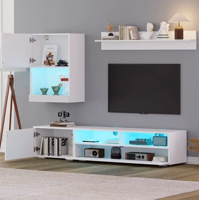 Parete attrezzata TV 3 pezzi con LED; mobile TV 175 x 39 x 34 cm; bianca
