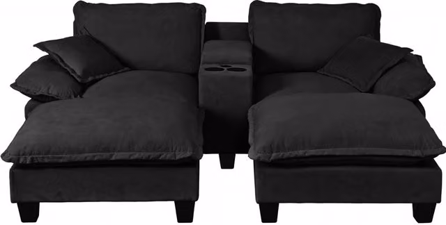Divano modulare Cloud in Chenille nero con portabicchieri, USB, 2 pouf e 2 cuscini, 224x155x90 cm