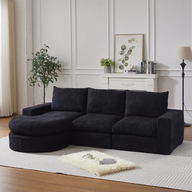 Desviae Divano modulare con chaise longue in ciniglia nero a quattro moduli con cuscini reversibili e supporto in ferro