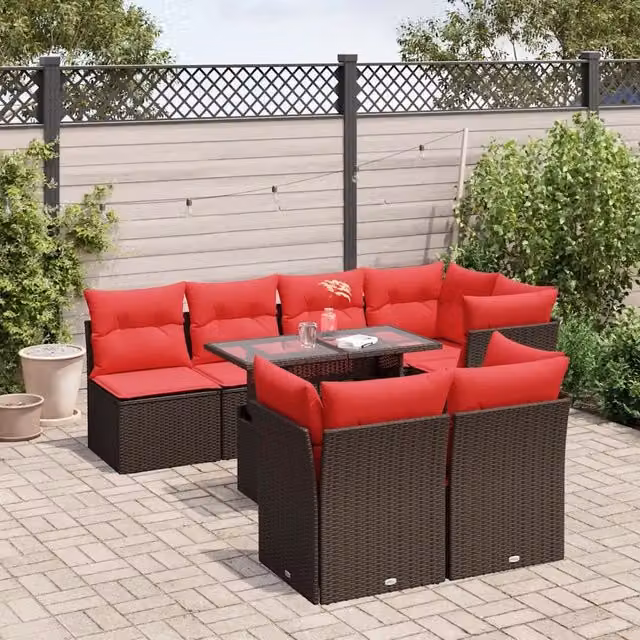 Set di divani da giardino vidaXL composto da 8 pezzi con cuscini in rattan e metallo, colore marrone e rosso, design moderno per esterno