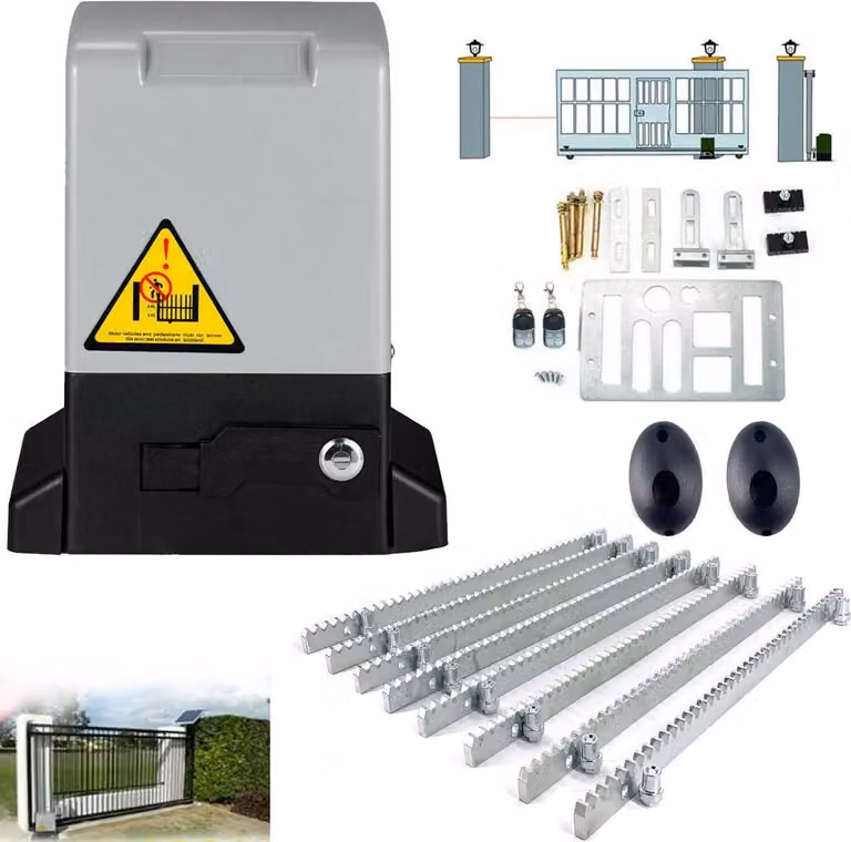 Motore elettrico per cancelli scorrevoli - Kit motore automatico per cancelli da 2000 kg - 2 telecomandi - 8 moduli a cremagliera - Interfaccia per pulsanti di comando - Colore: argento e nero