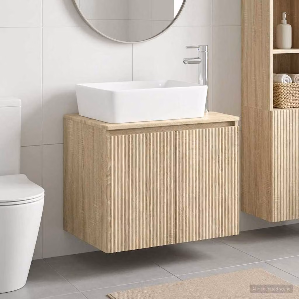 Set di mobili per il bagno vidaXL in legno MDF color rovere con ante a battente e montaggio a parete