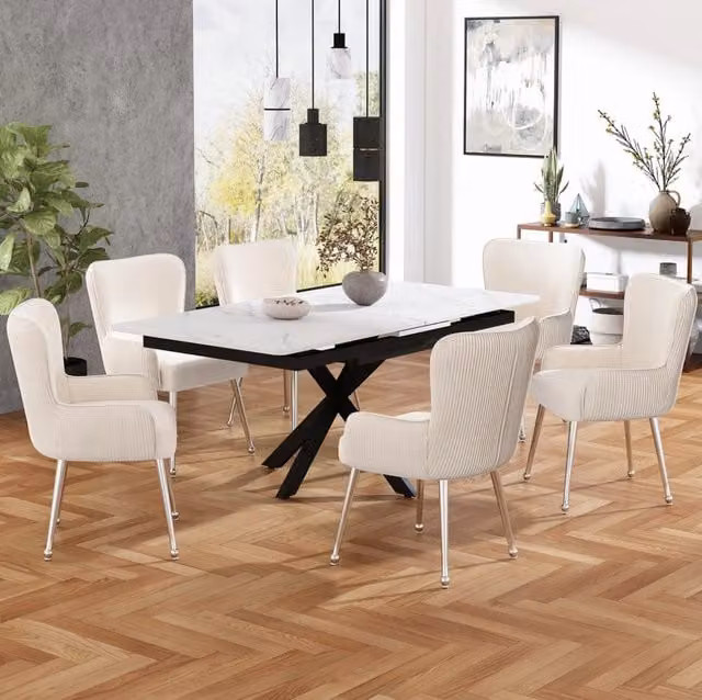 Set da 6 sedie da pranzo in velluto beige con schienale plissettato, braccioli e piedini regolabili, stile elegante per soggiorno e sala da pranzo