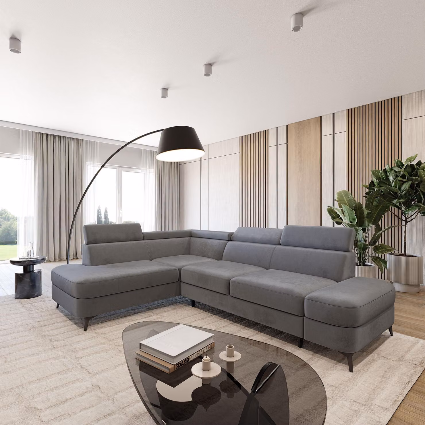 Divano ad angolo Masseno AVISE M L-S con funzione letto a L, divano con contenitore, divano da salotto, divano, divano letto, set divani - Grigio, MONOLITH 85