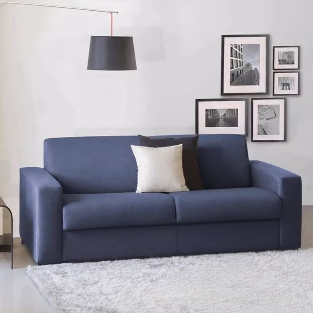 Divano Letto Zinnia Talamo Italia, Sofà 3 Posti con Apertura Girevole e Braccioli Slim, Rivestimento in Tessuto Blu, L: 200 cm, H: 90 cm, P: 95 cm – 1